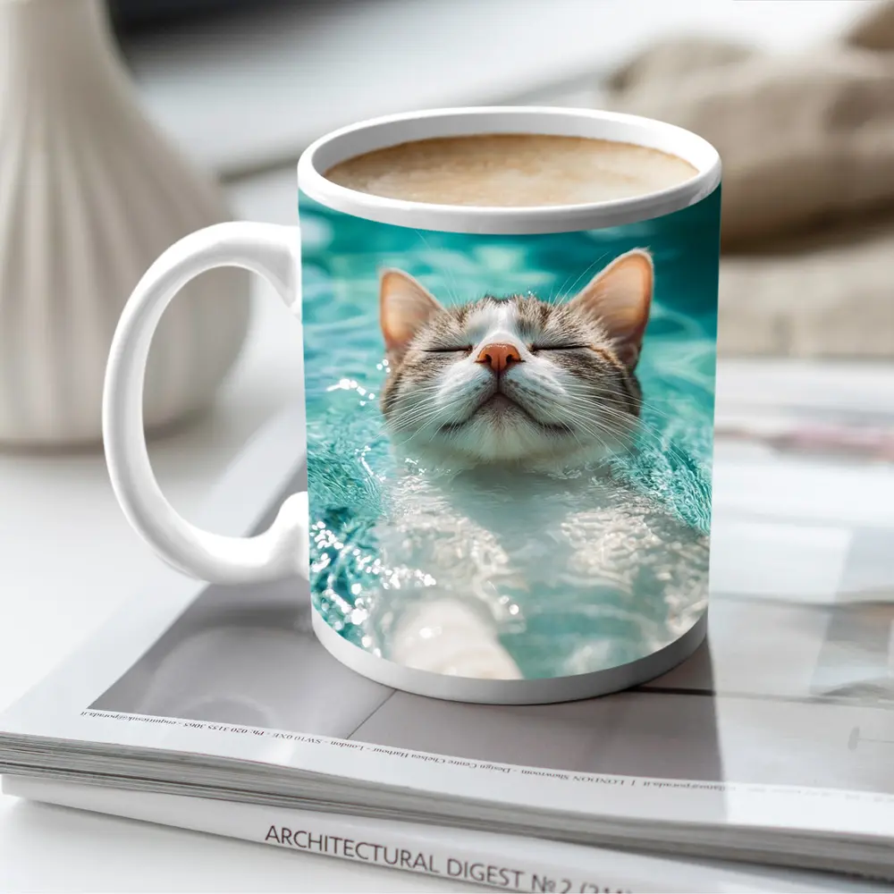 Relaxed Cat Swimming In Turquoise Pool Water – Mugs
