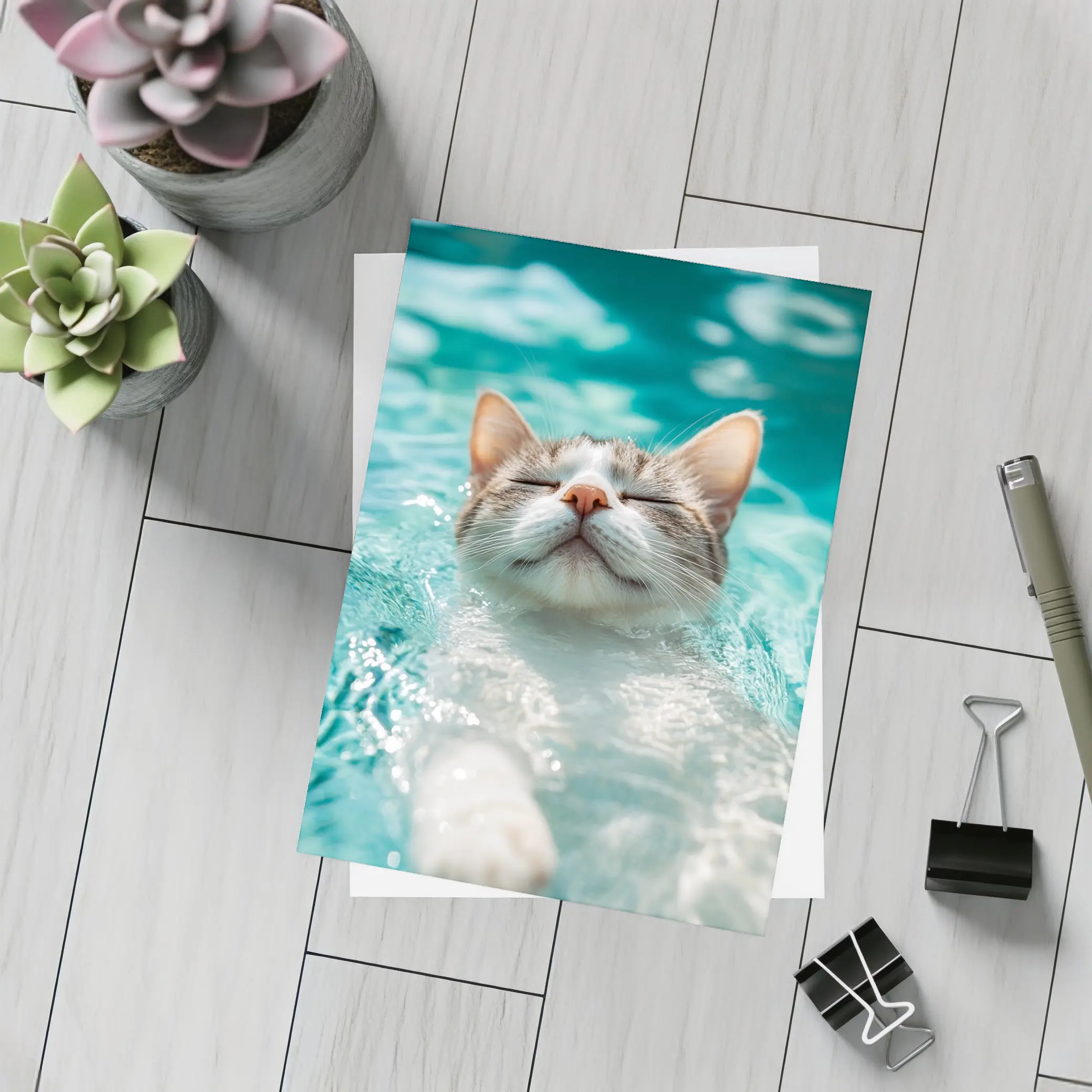 Relaxed Cat Swimming In Turquoise Pool Water – Postcards