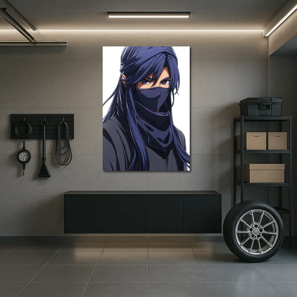 Anime Ninja Girl Blue Hair White Background – Wall Art