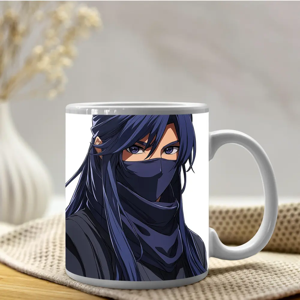 Anime Ninja Girl Blue Hair White Background – Mugs