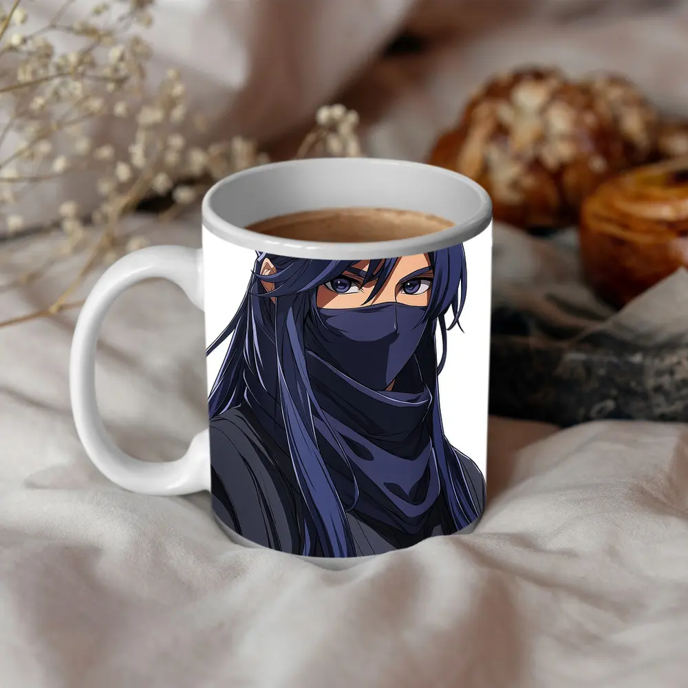 Anime Ninja Girl Blue Hair White Background – Mugs