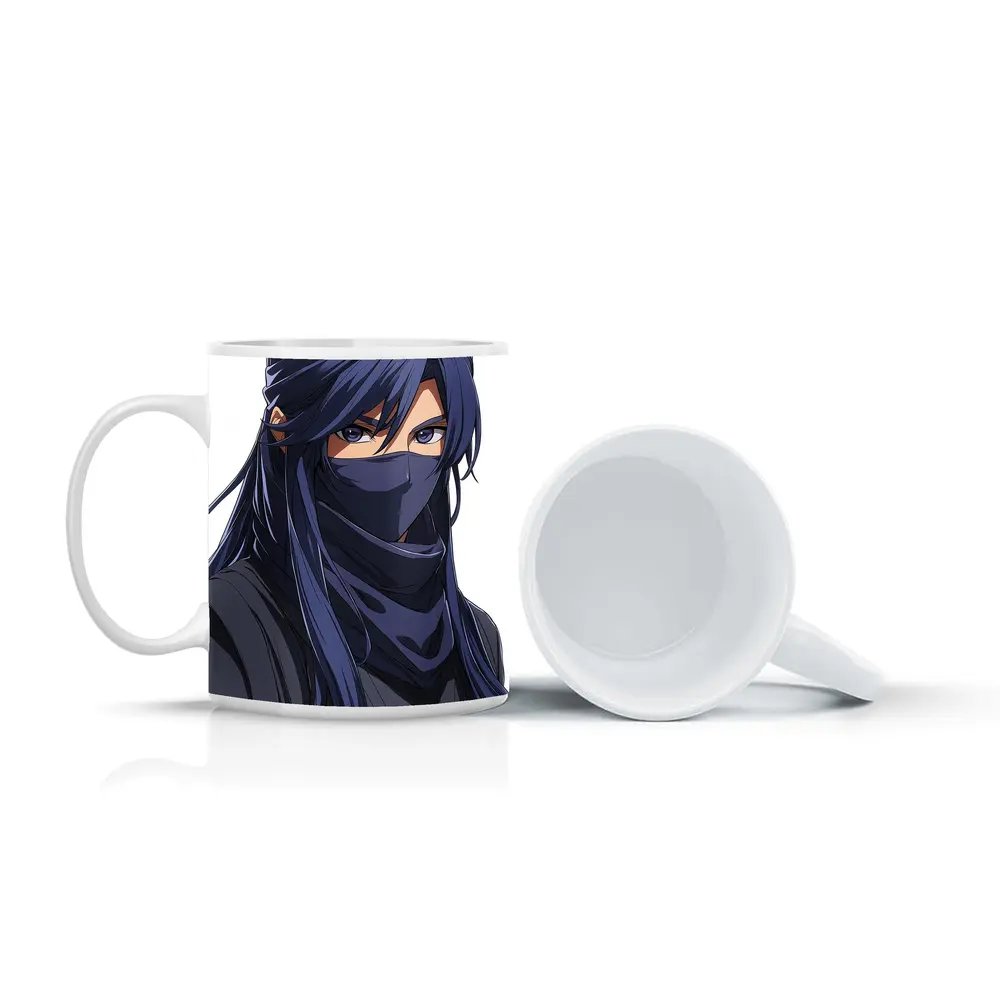 Anime Ninja Girl Blue Hair White Background – Mugs