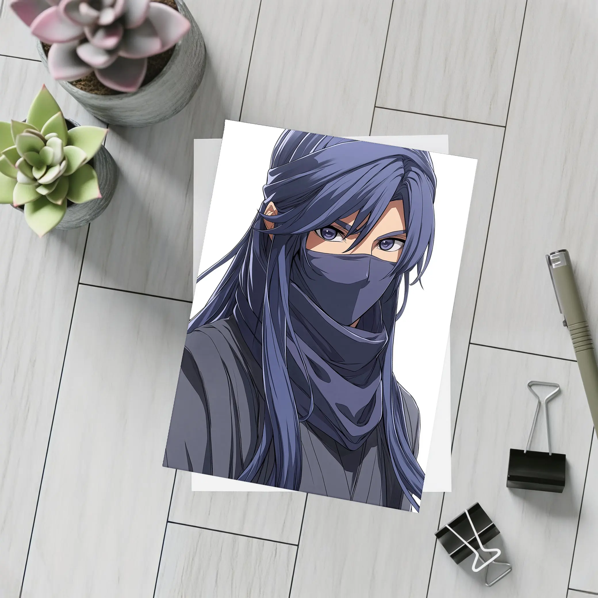 Anime Ninja Girl Blue Hair White Background – Postcards