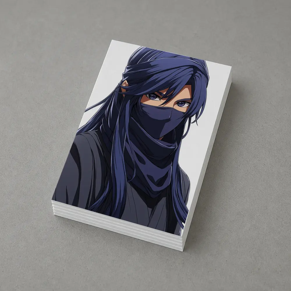 Anime Ninja Girl Blue Hair White Background – Postcards