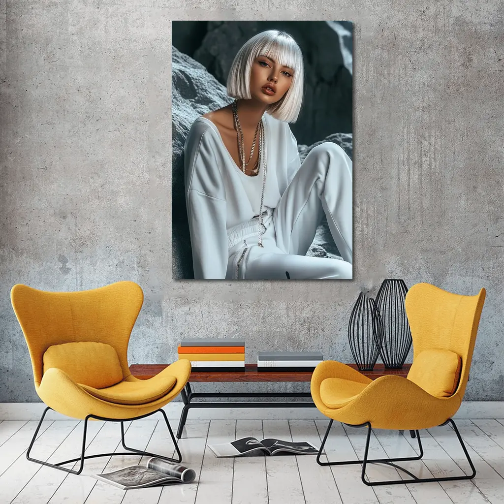 White Outfit Woman Sitting Rocky Background – Wall Art