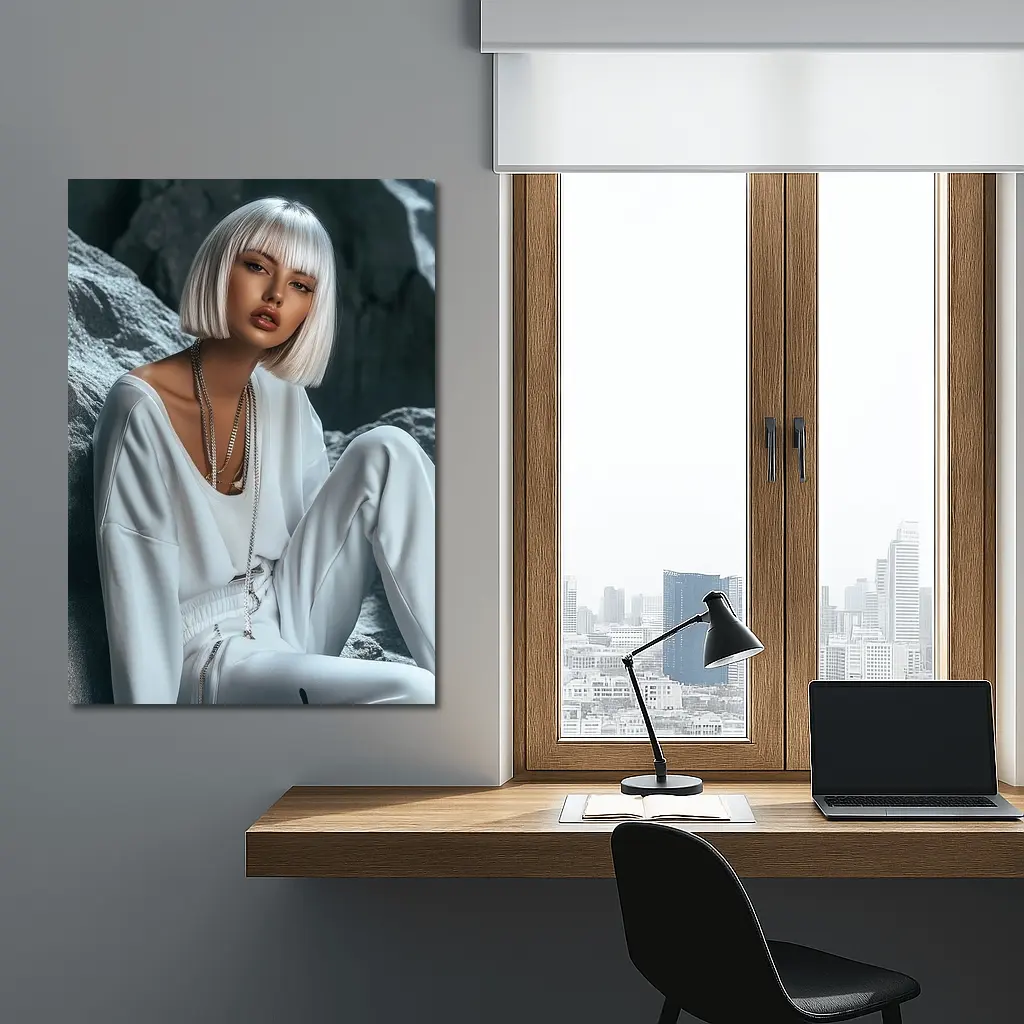 White Outfit Woman Sitting Rocky Background – Wall Art