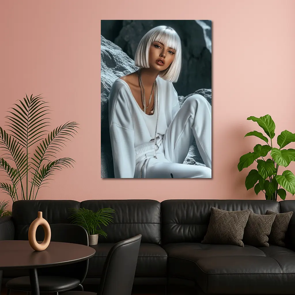 White Outfit Woman Sitting Rocky Background – Wall Art