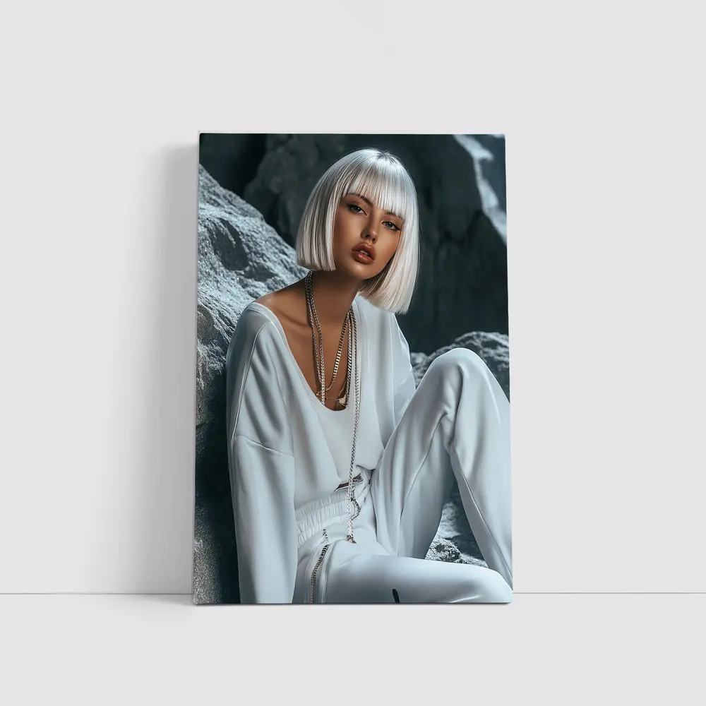 White Outfit Woman Sitting Rocky Background – Wall Art