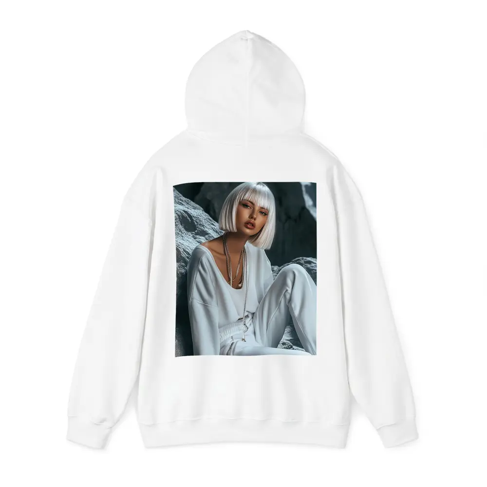 White Outfit Woman Sitting Rocky Background – Hoodies