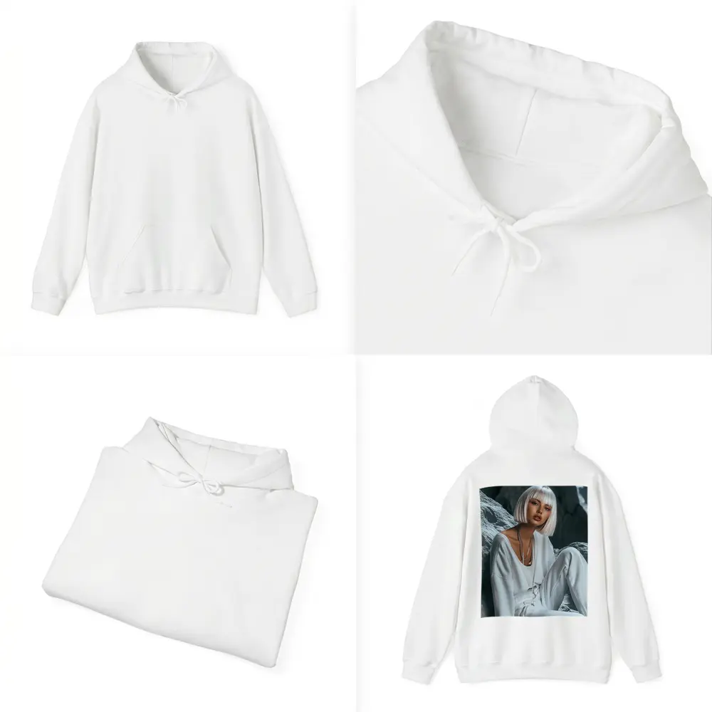 White Outfit Woman Sitting Rocky Background – Hoodies