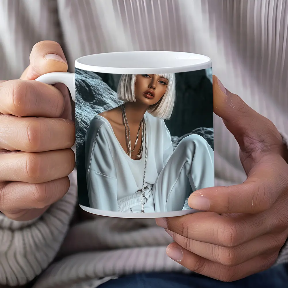 White Outfit Woman Sitting Rocky Background – Mugs