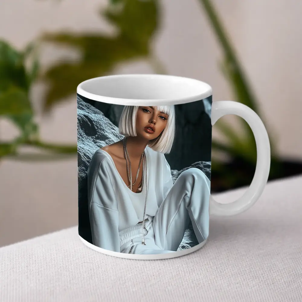 White Outfit Woman Sitting Rocky Background – Mugs