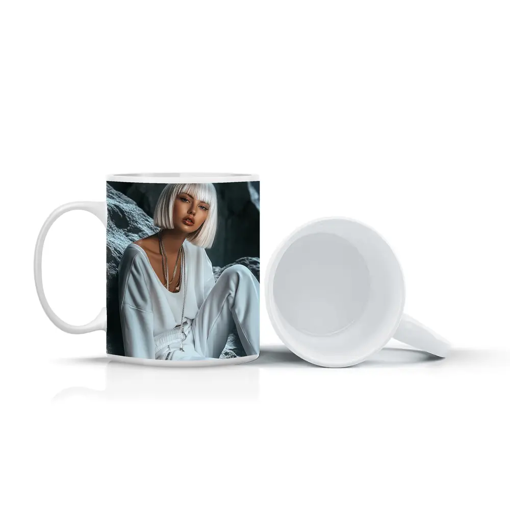 White Outfit Woman Sitting Rocky Background – Mugs