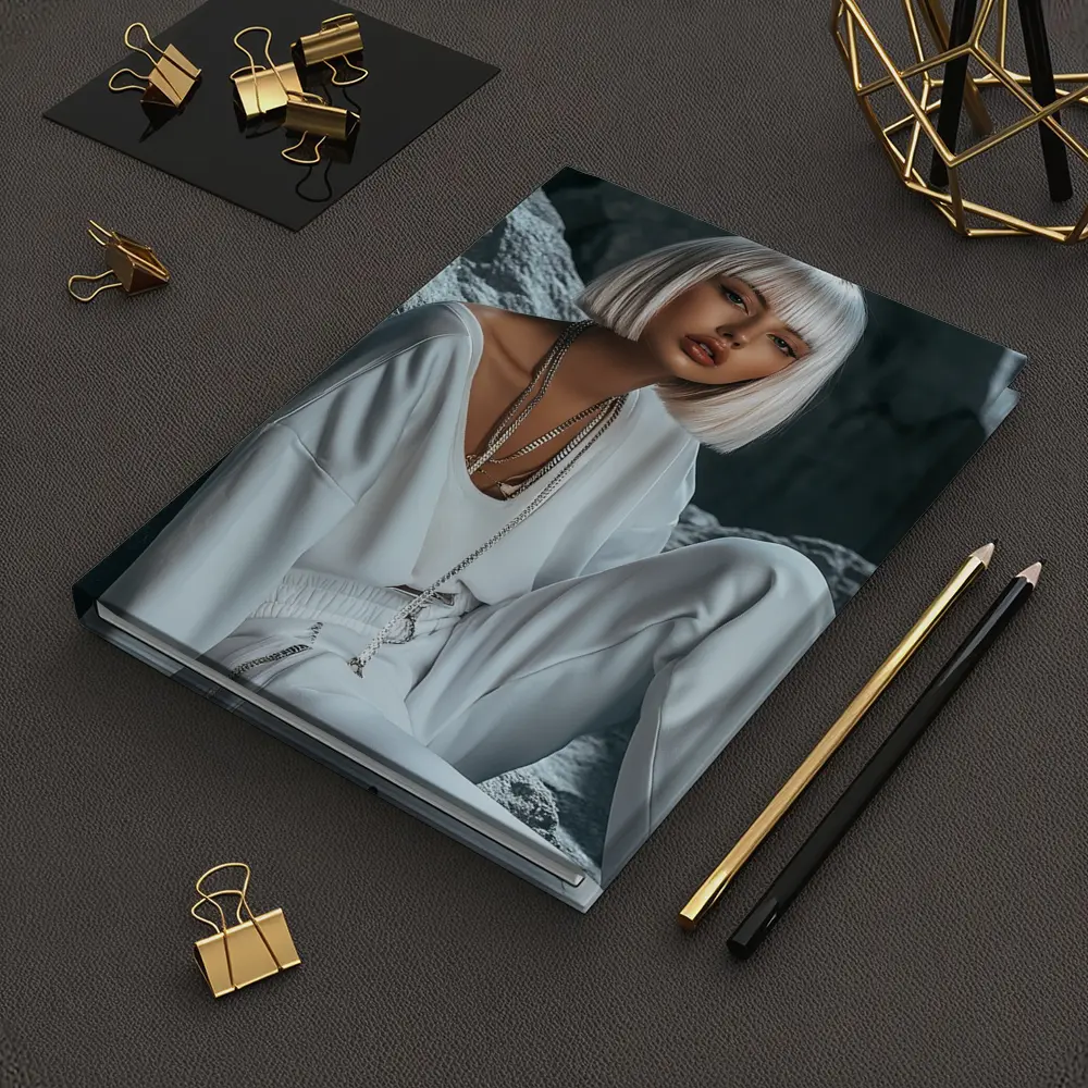 White Outfit Woman Sitting Rocky Background – Notebooks