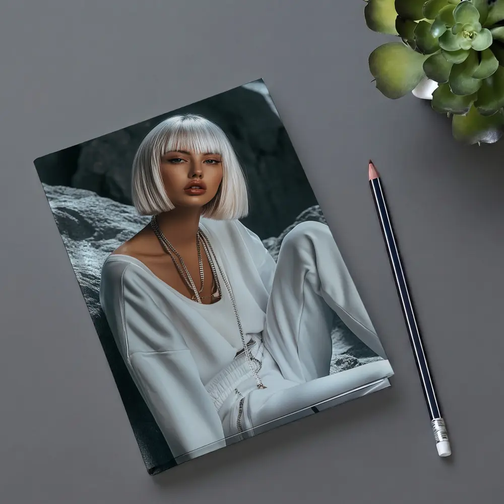 White Outfit Woman Sitting Rocky Background – Notebooks