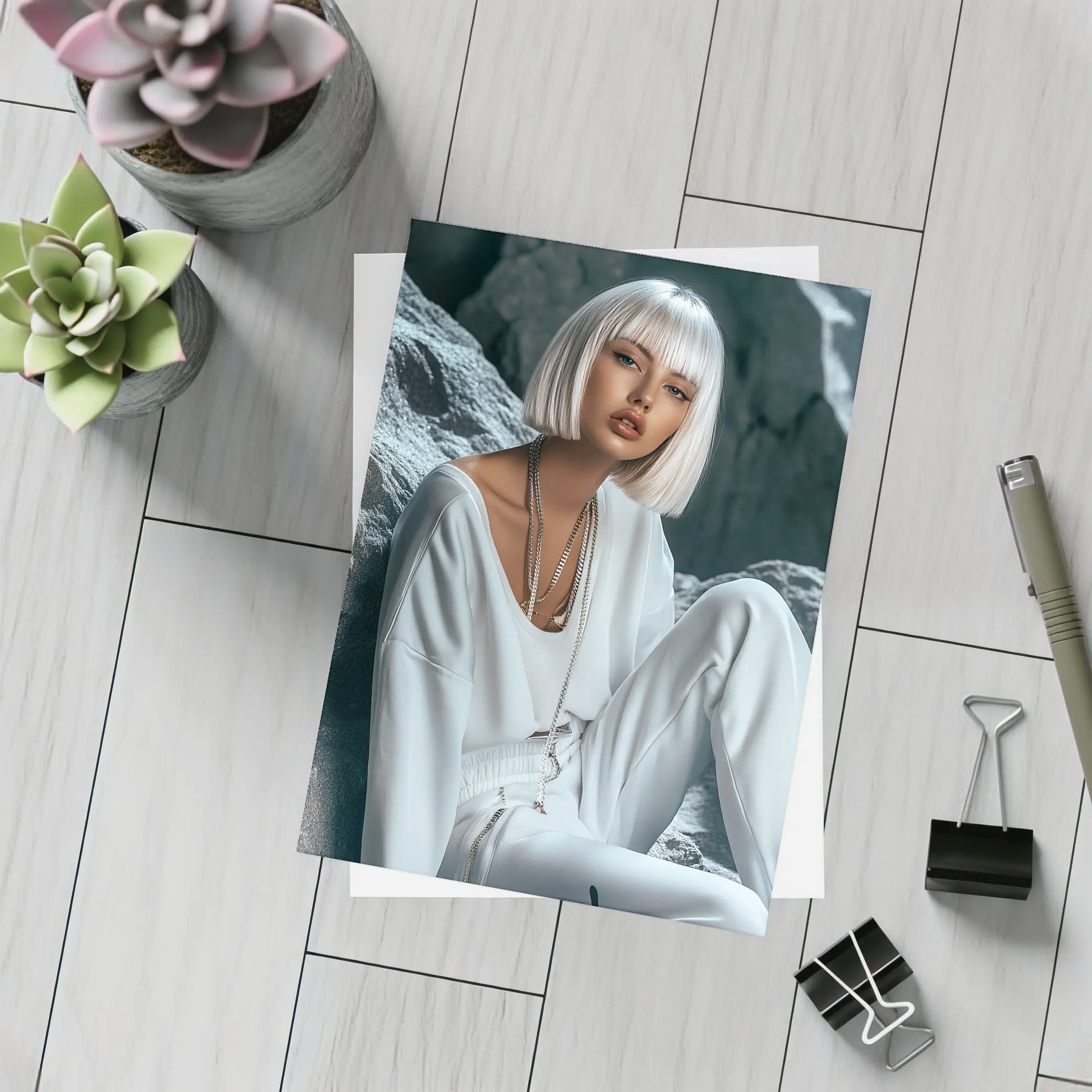 White Outfit Woman Sitting Rocky Background – Postcards