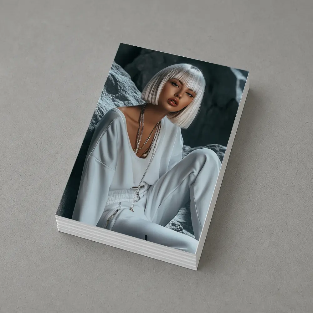 White Outfit Woman Sitting Rocky Background – Postcards