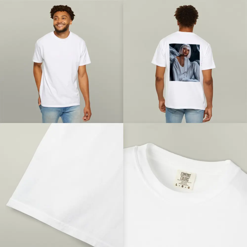 White Outfit Woman Sitting Rocky Background – T-Shirts