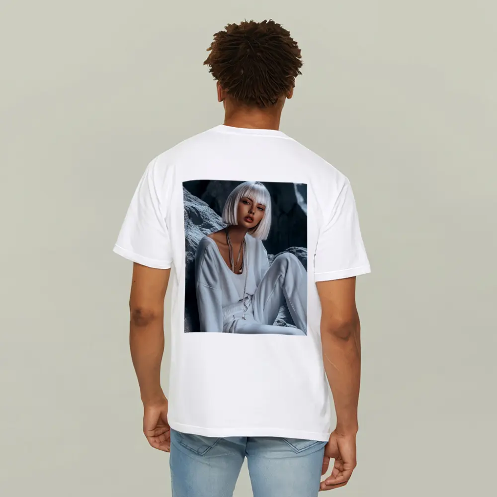White Outfit Woman Sitting Rocky Background – T-Shirts