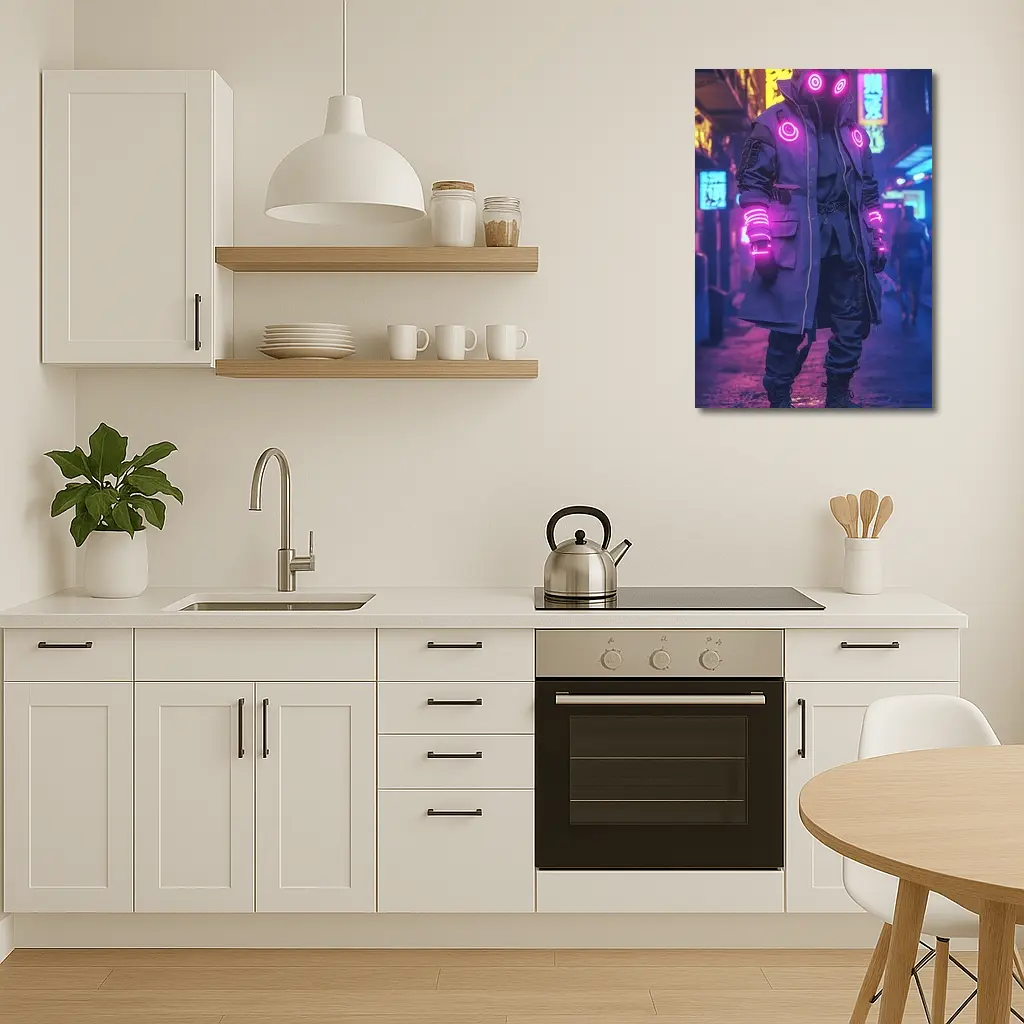 Cyberpunk Neon Masked Figure City Street – Wall Art