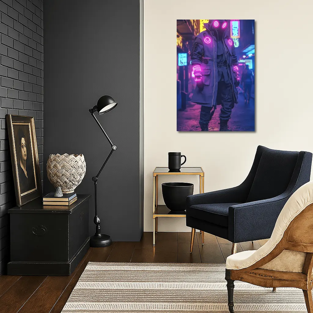 Cyberpunk Neon Masked Figure City Street – Wall Art