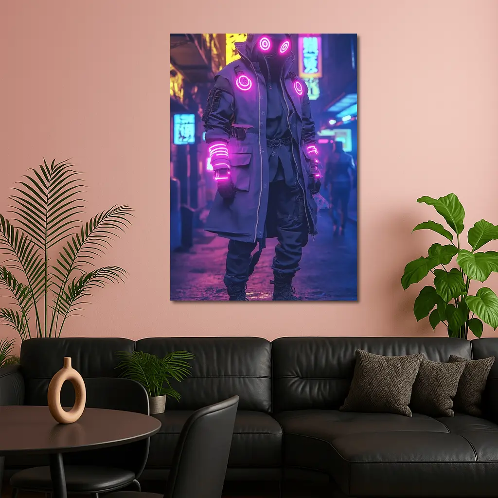 Cyberpunk Neon Masked Figure City Street – Wall Art