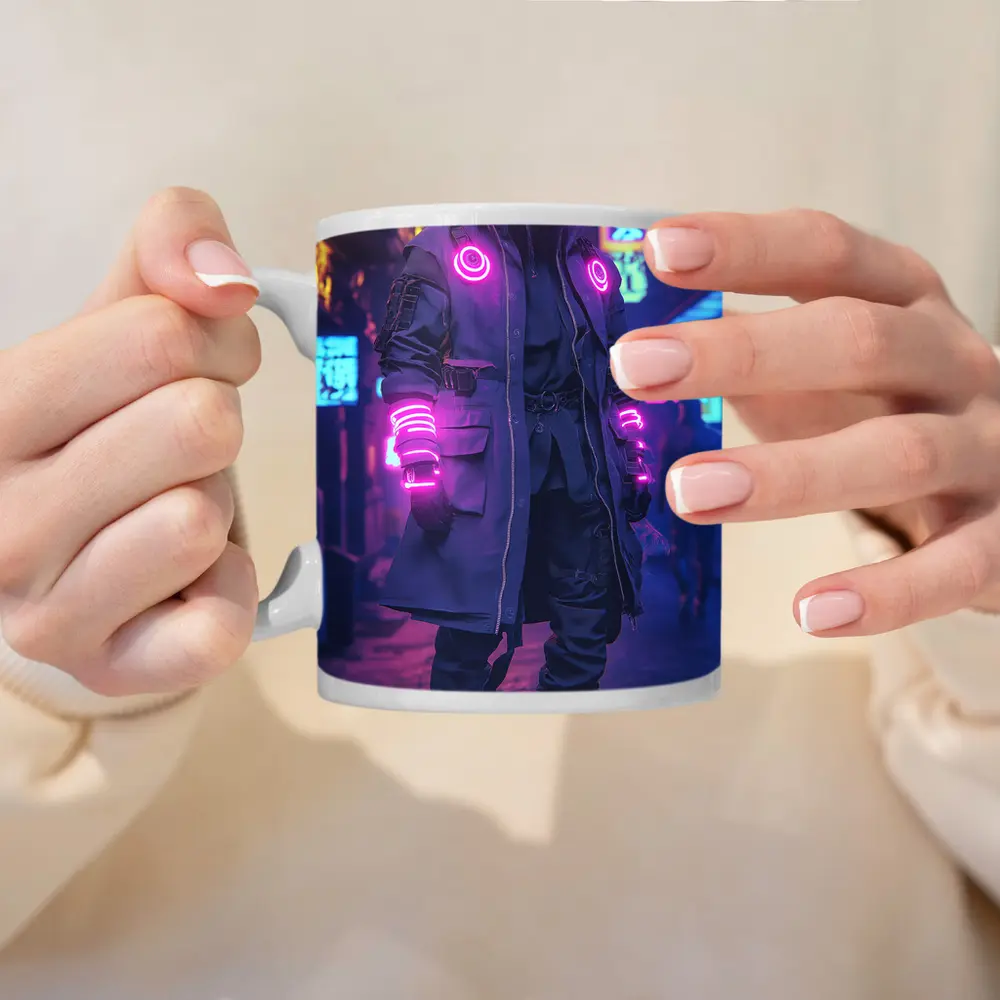 Cyberpunk Neon Masked Figure City Street – Mugs