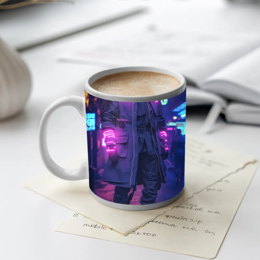 Cyberpunk Neon Masked Figure City Street – Mugs