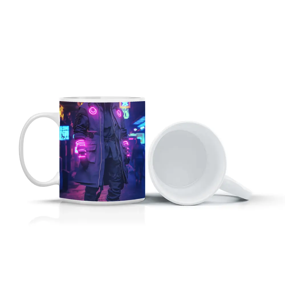 Cyberpunk Neon Masked Figure City Street – Mugs