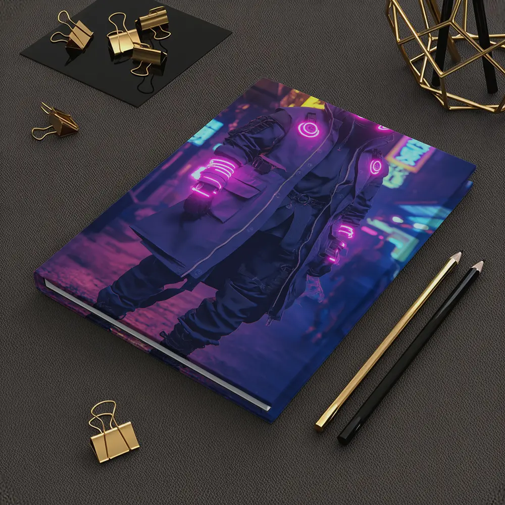 Cyberpunk Neon Masked Figure City Street – Notebooks
