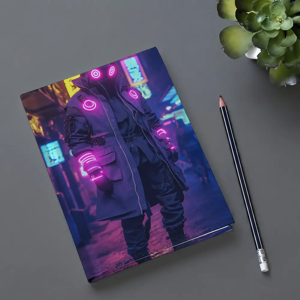 Cyberpunk Neon Masked Figure City Street – Notebooks