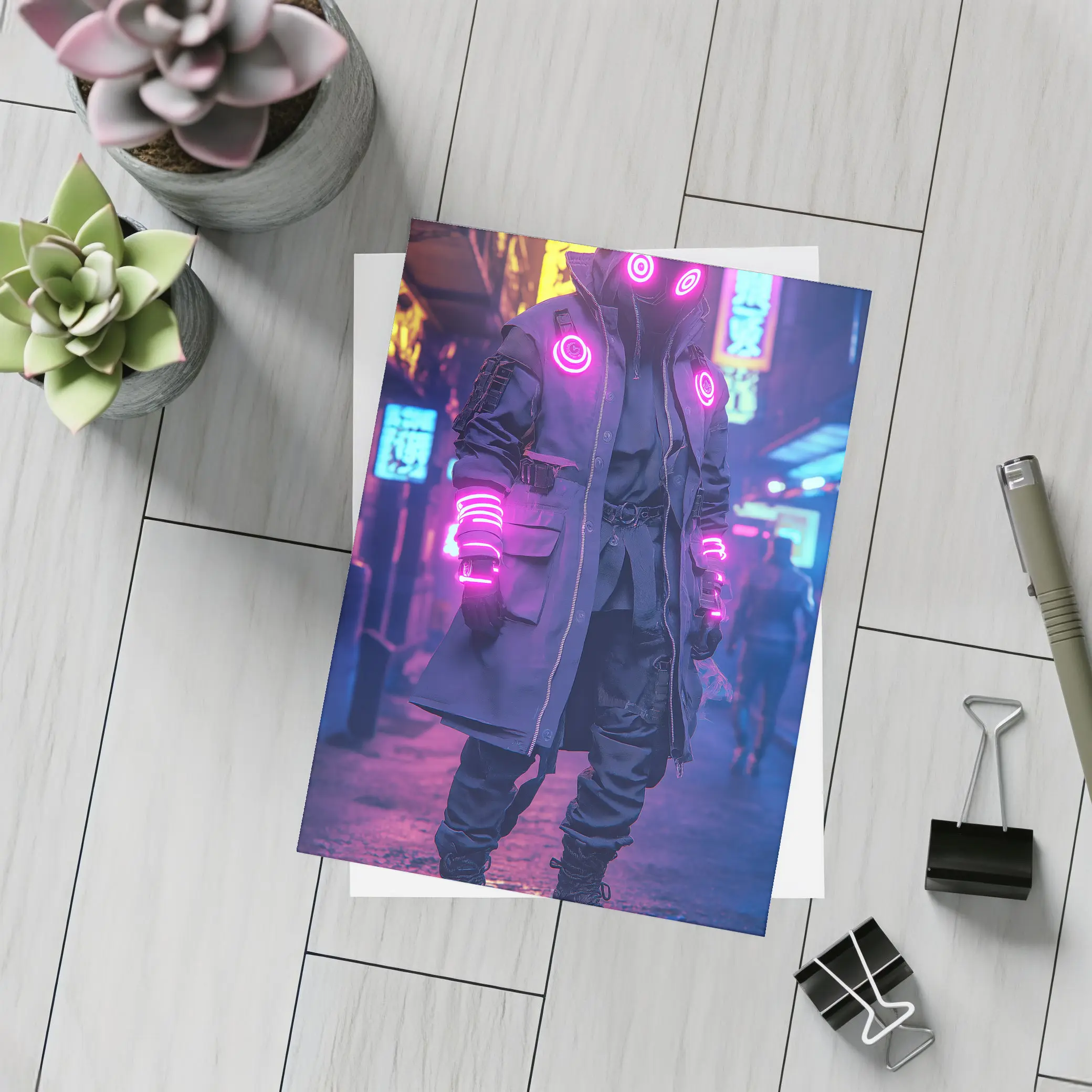 Cyberpunk Neon Masked Figure City Street – Postcards