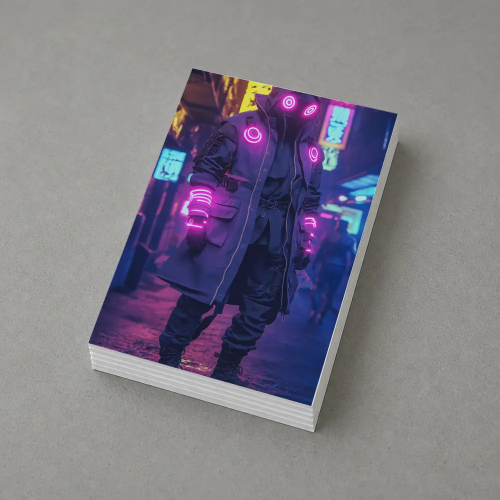 Cyberpunk Neon Masked Figure City Street – Postcards