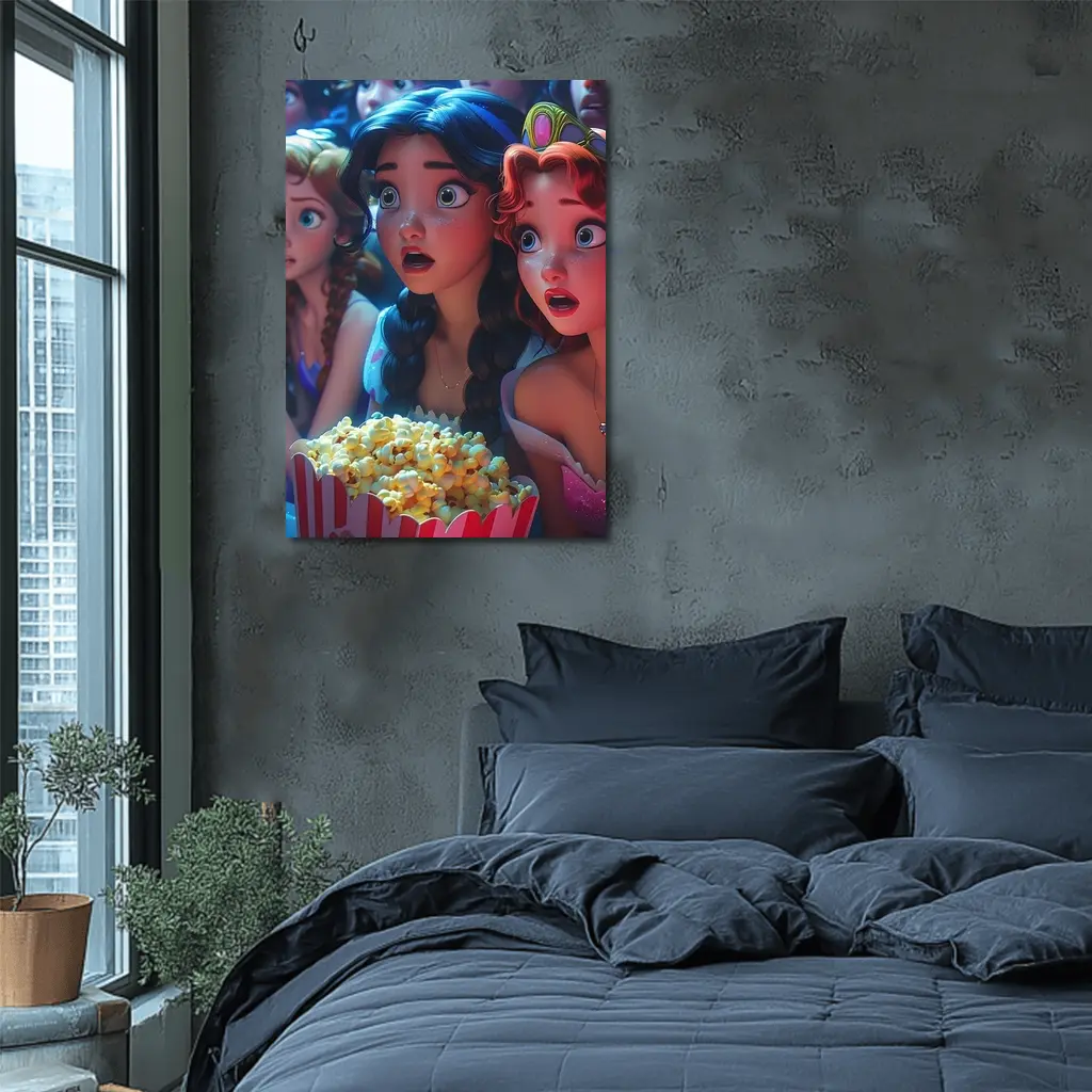 Cartoon Princess Girls Watching Movie With Popcorn – Wall Art