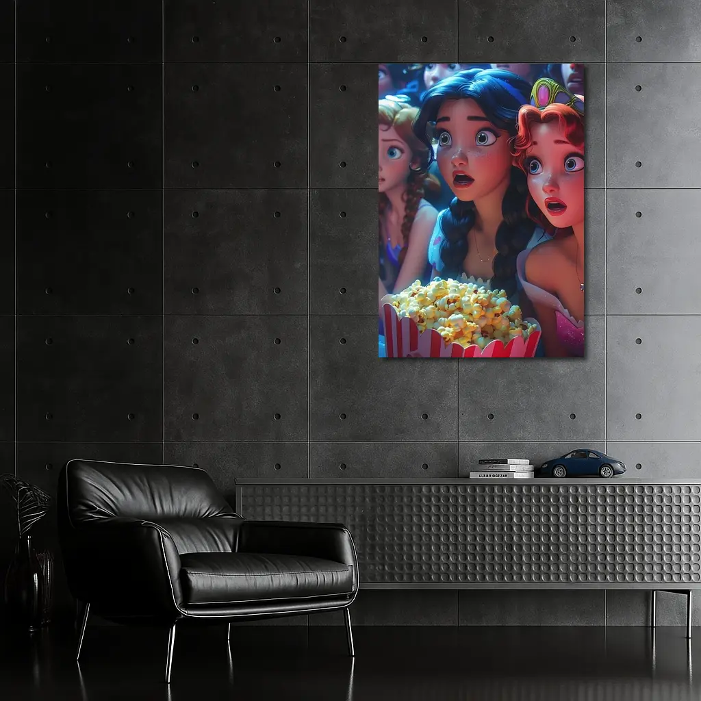Cartoon Princess Girls Watching Movie With Popcorn – Wall Art