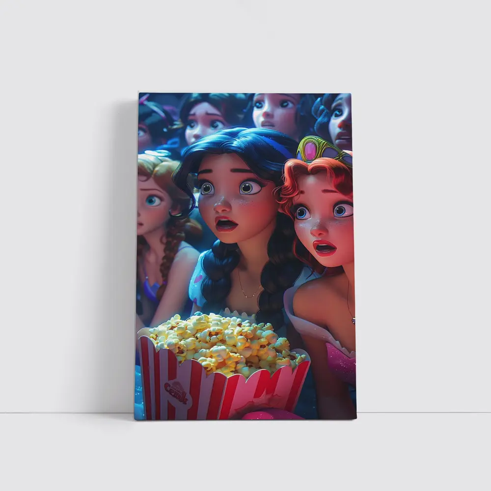 Cartoon Princess Girls Watching Movie With Popcorn – Wall Art