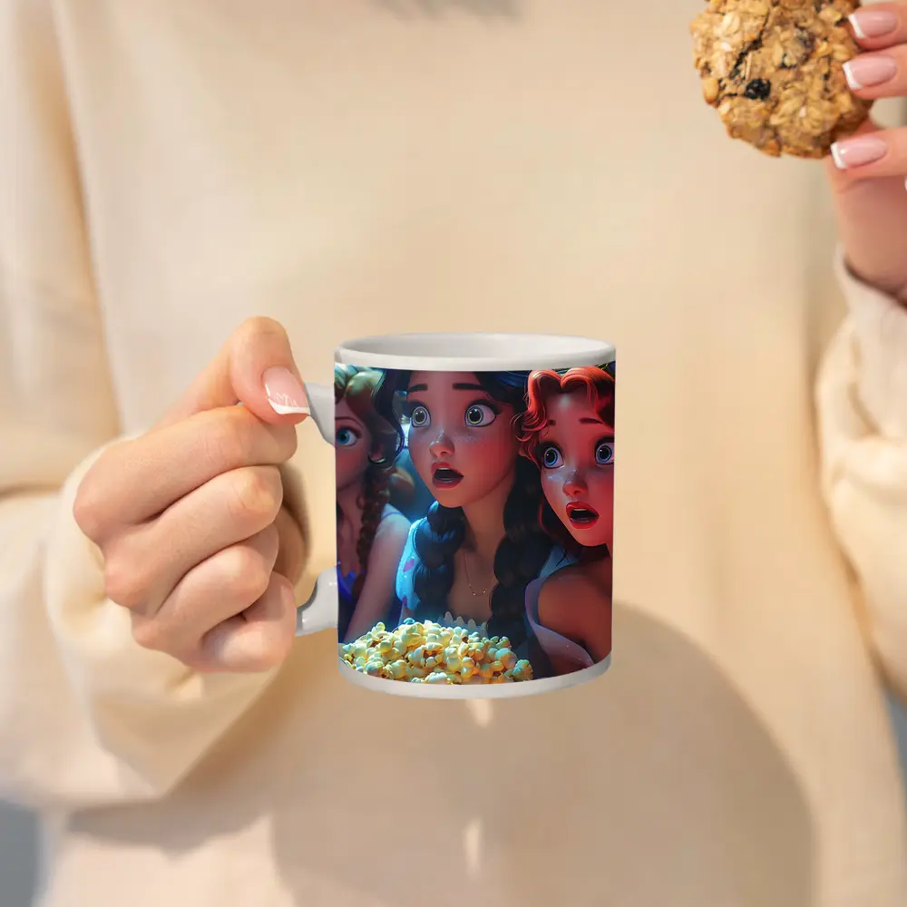 Cartoon Princess Girls Watching Movie With Popcorn – Mugs