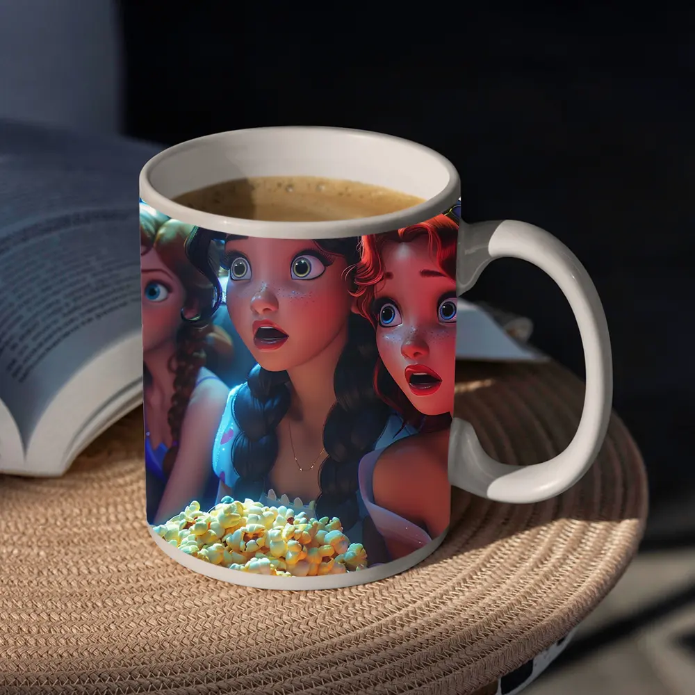Cartoon Princess Girls Watching Movie With Popcorn – Mugs