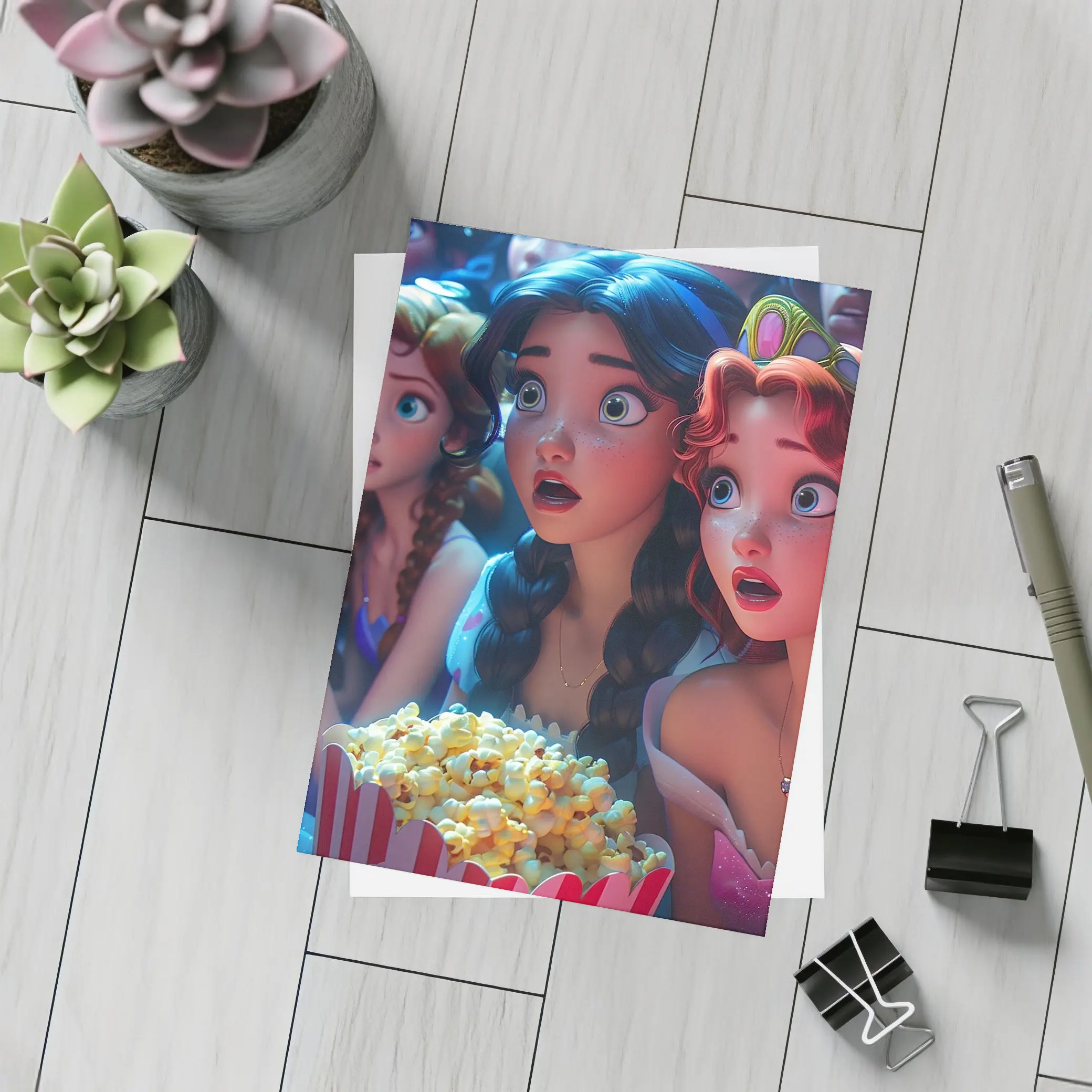 Cartoon Princess Girls Watching Movie With Popcorn – Postcards