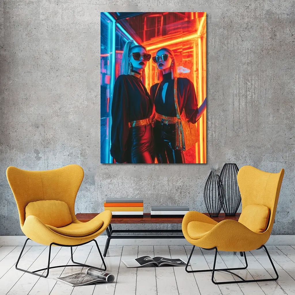 Two Women Neon Lights Fashion Night – Wall Art