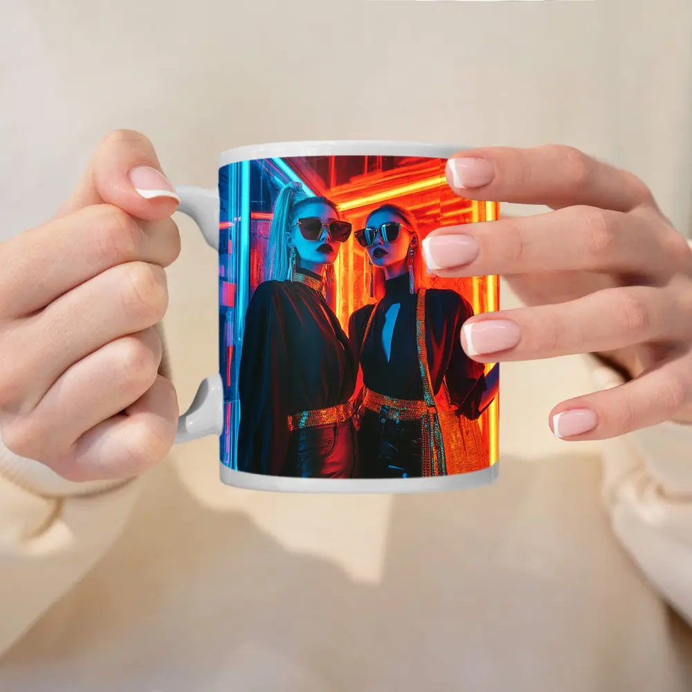 Two Women Neon Lights Fashion Night – Mugs