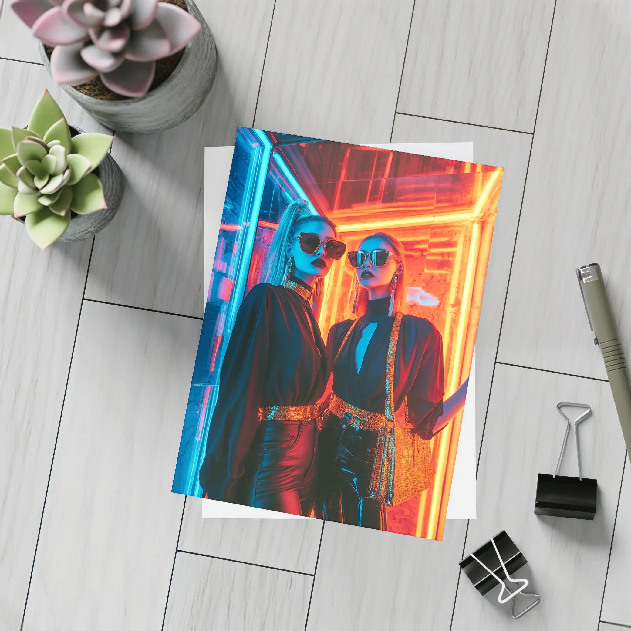 Two Women Neon Lights Fashion Night – Postcards