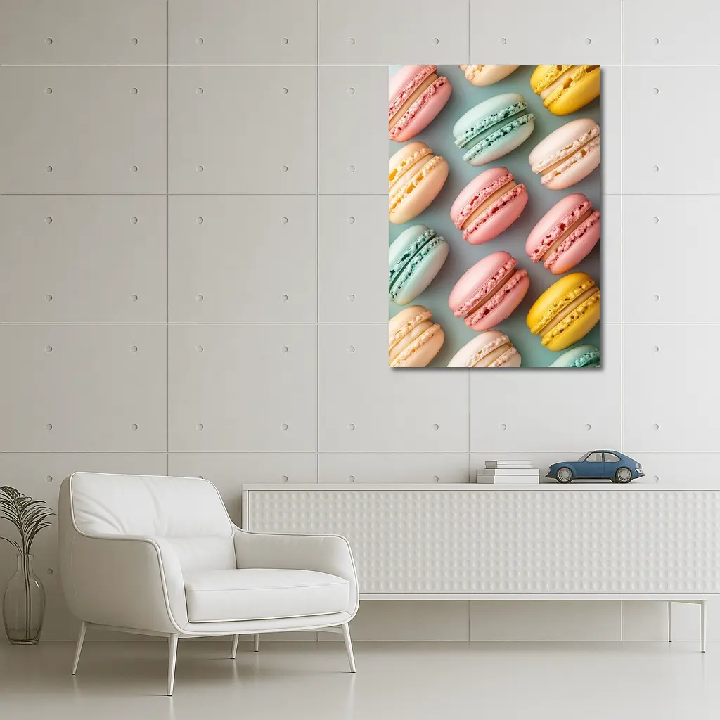 Pastel Macarons Arranged On Blue Background – Wall Art