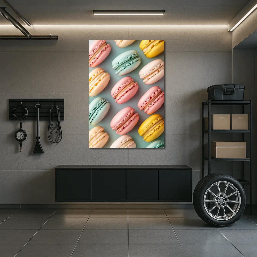Pastel Macarons Arranged On Blue Background – Wall Art
