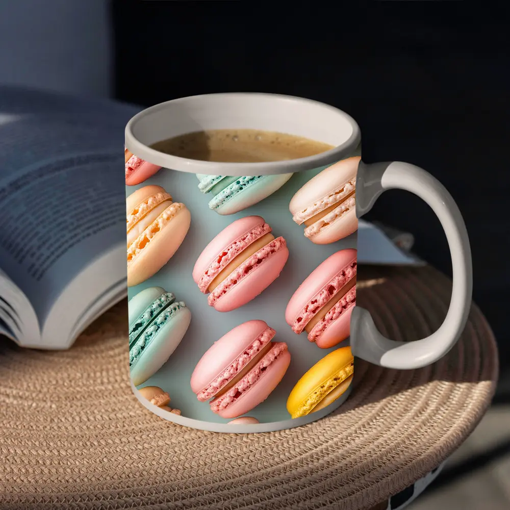 Pastel Macarons Arranged On Blue Background – Mugs