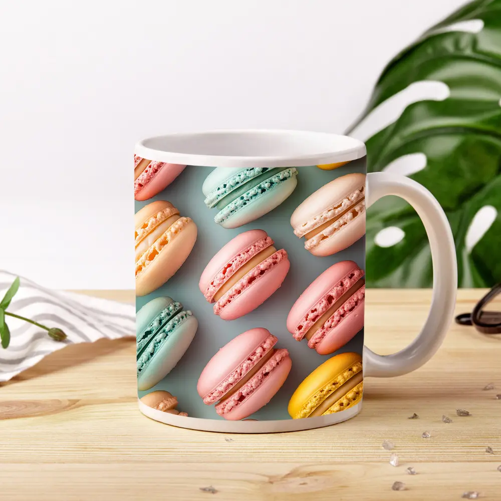 Pastel Macarons Arranged On Blue Background – Mugs