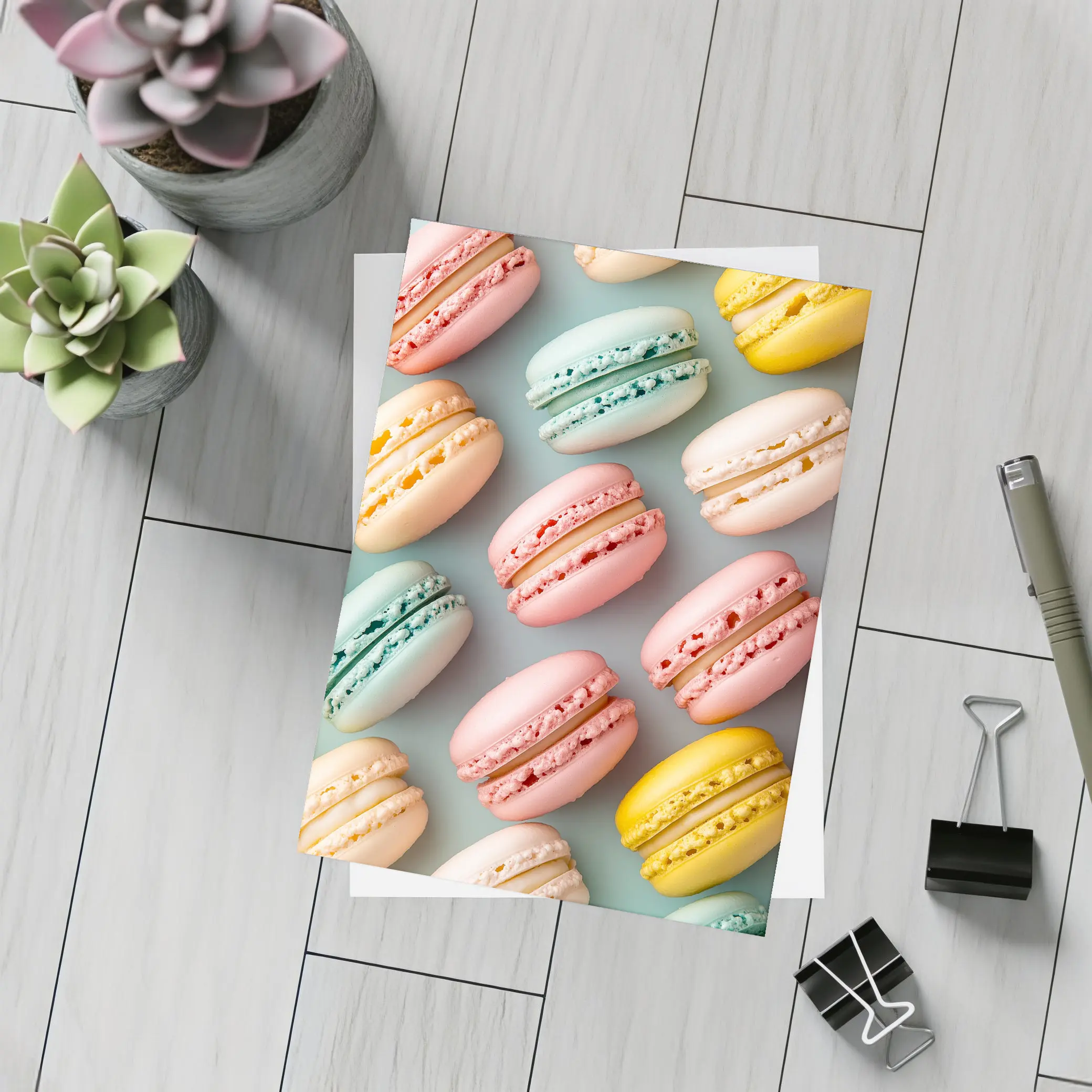 Pastel Macarons Arranged On Blue Background – Postcards