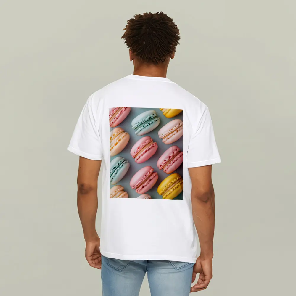 Pastel Macarons Arranged On Blue Background – T-Shirts