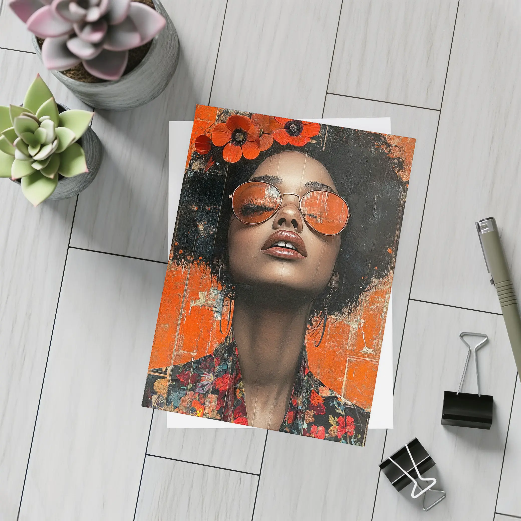 Fashion Woman Floral Afro Orange Collage Art – Postcards