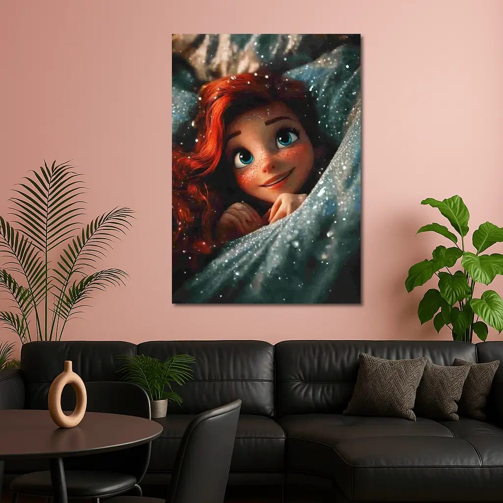 Red Haired Cartoon Girl Glittery Blue Fabric – Wall Art